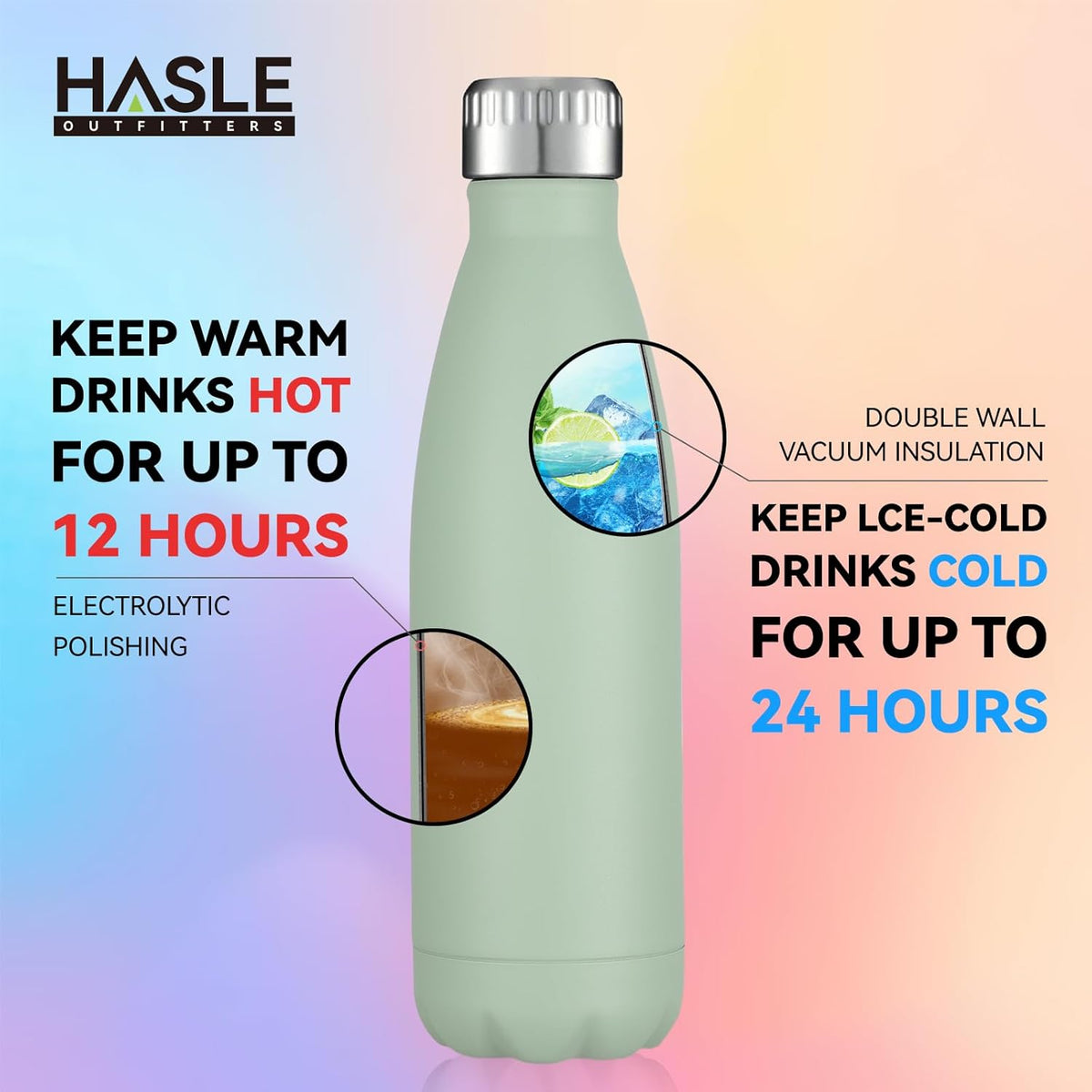 HASLE OUTFITTERS 17oz Stainless Steel Water Bottles, Vacuum Insulated Water Bottles Double Walled Reusable Metal Sports Water Bottles Keep Drinks Hot and Cold, Light Green, 1Pack