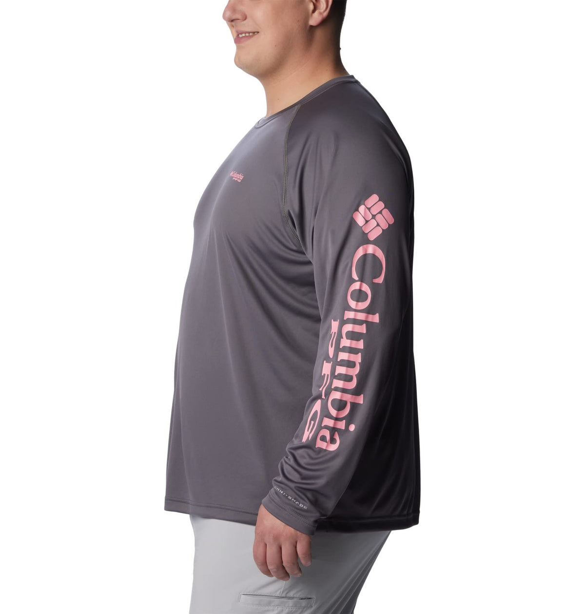 Columbia Men's Terminal Tackle Long Sleeve Fishing Shirt, City Grey/Pink Pop Logo, Large
