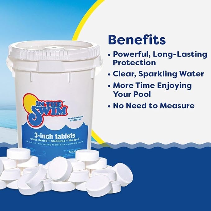In The Swim Shock and Chlorine Bundle for Sanitizing Swimming Pools – Includes 12 x 1 Pound Bags of 68% Cal-Hypo Pool Shock and 25 Pound Bucket of 3 Inch Stabilized Chlorine Tablets