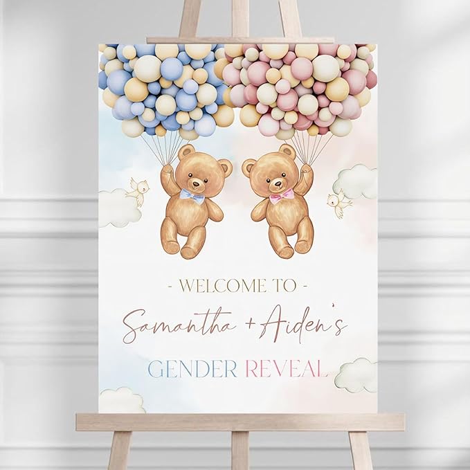 Watercolor Teddy Bear with Balloons Gender Reveal Welcome Sign
