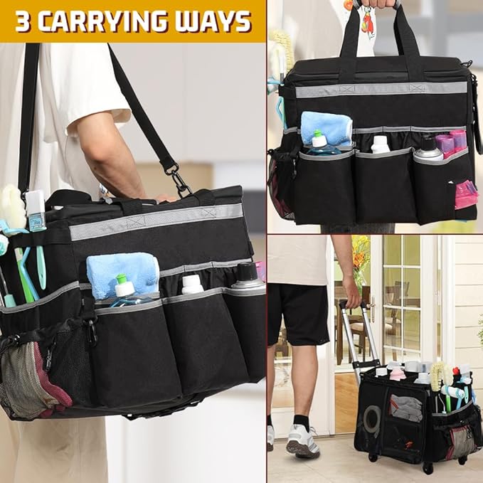 Rolling Cleaning Caddy, Cleaning Supplies Organizer with Cleaning Caddy Apron, Large Cleaning Caddy Bag with Detachable Trolley, Handles and Shoulder Strap for Cleaners Housekeepers, Black