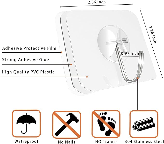 Latoxcaa Heavy Duty Adhesive Hooks 30-Pack: Holds 22lb, Strong Reusable &