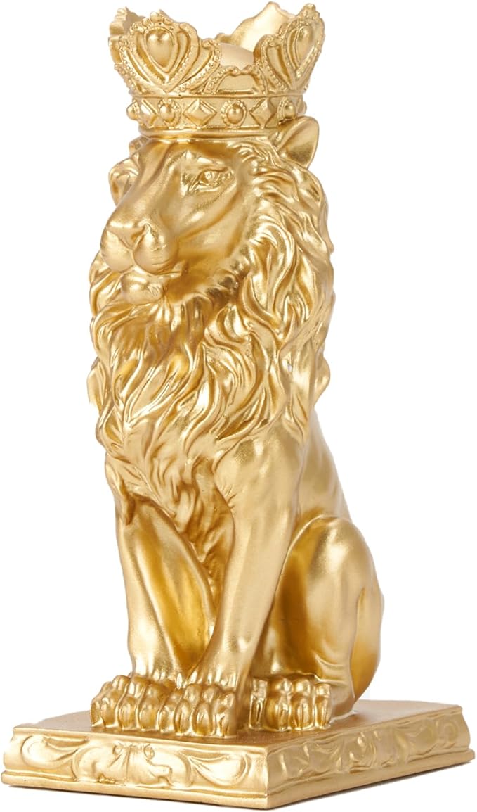 Lion Statue Decor 9 inch Resin, Gold Decor Accent Crown Lion Statue Man Home Office Desk Table Shelf Decoration, Men Father Leo Gift