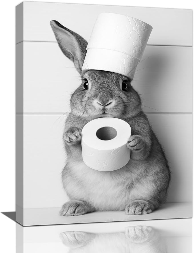 Bunny Bathroom Wall Art, Rabbit Pictures Wall Decor, Animal Canvas Prints Painting, Framed Artwork For Bathroom Living Room Bedroom Office Dining Room 16"X12"