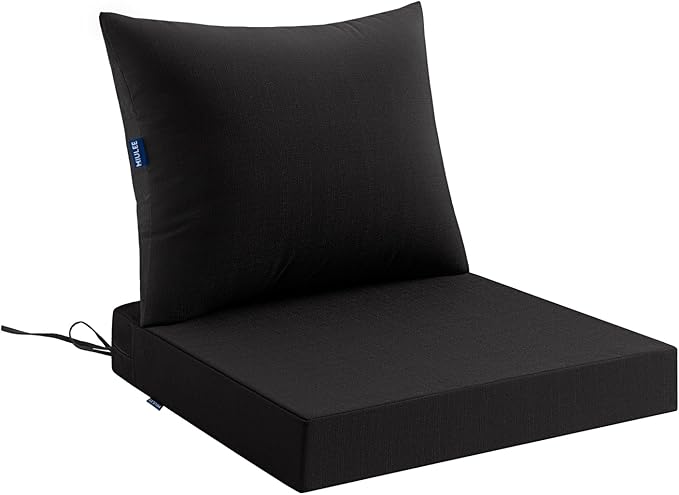 MIULEE Black Outdoor Chair Cushion 22x22 Inch for Patio Furniture Linen Textured Waterproof & 3 Year Color Fastness Seat and Back Couch Cushion with Ties No Slip Design