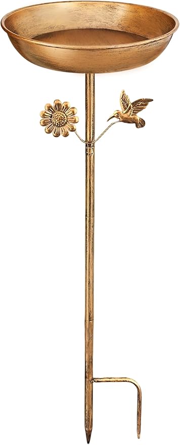 Freestanding Bird Bath with Metal Stake - 11” Antique Bronze Metal Birdbath Bowl & Feeder for Outdoor Garden Yard Decor