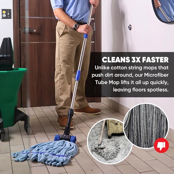 Bulk Commercial Mop Head Replacement (24 Count) - Medium Microfiber Tube Mop (14 oz.) | Industrial Wet Mops | Refill, Machine Washable, Heavy Duty | Hardwood, Tile, Laminate, Vinyl Floors (Green)