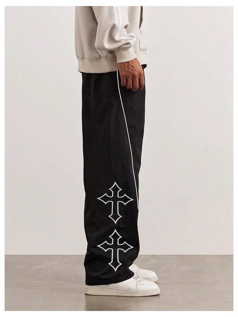 VIPWOLF Men's Cross Graphic Track Pants Y2k Drawstring Waist Stacked Joggers with Pocket Black Medium