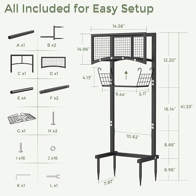 Garden Hose Holder Freestanding with Storage Basket, Holds Up to 165FT Hose, Heavy Duty Metal Water Hose Holder with 4 Anchor Spikes, for Yard, Lawn & Patio