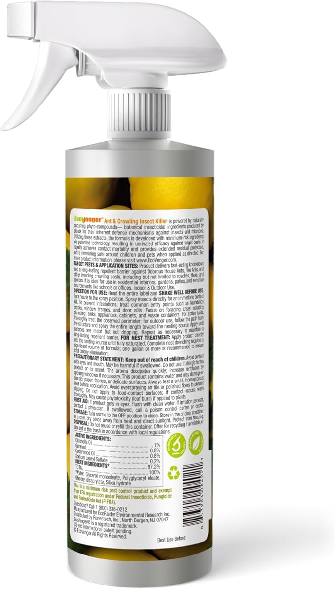 EcoVenger Ant Killer & Crawling Insect Killer (Citrus Scent) 16 oz, Kills Fast in Minutes, Also Kills Spiders, Centipedes & More, Repels with Residual, Natural & Non-Toxic, Safe for Children & Pets