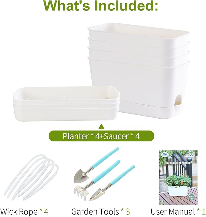 Oliz Self Watering Planters: 4 Packs Rectangular Plant Pots with with Drainage and Tray, 10 Inch Window Pot Self Watering Planter for Herb, Houseplants