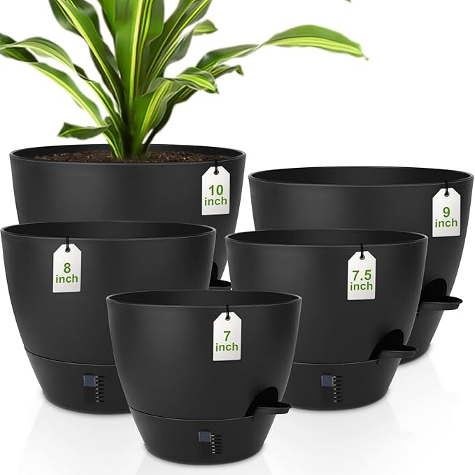 QRRICA Plant Pots 10/9/8/7.5/7 Inch Self Watering Pots, with Drainage Holes and Saucers,Water Level Indicator & Deep Reservoir,Large Plastic Planter for Indoor Out Door Plants (Pure Black)