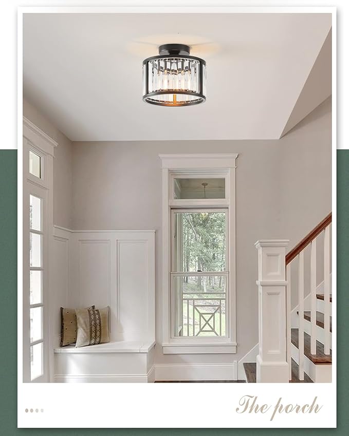 Black Flush Mount Ceiling Light, 2- Light Caged Crystal Chandelier, Small Drum Hallway Light fixtures Ceiling Mount (8.6 INCH Black)