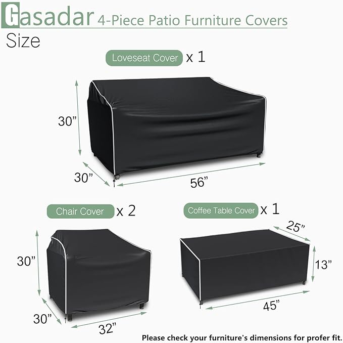 Gasadar Outdoor Furniture Cover Waterproof, 4 Piece Patio Furniture Covers for Patio Loveseat, Chair and Coffee Table, Black
