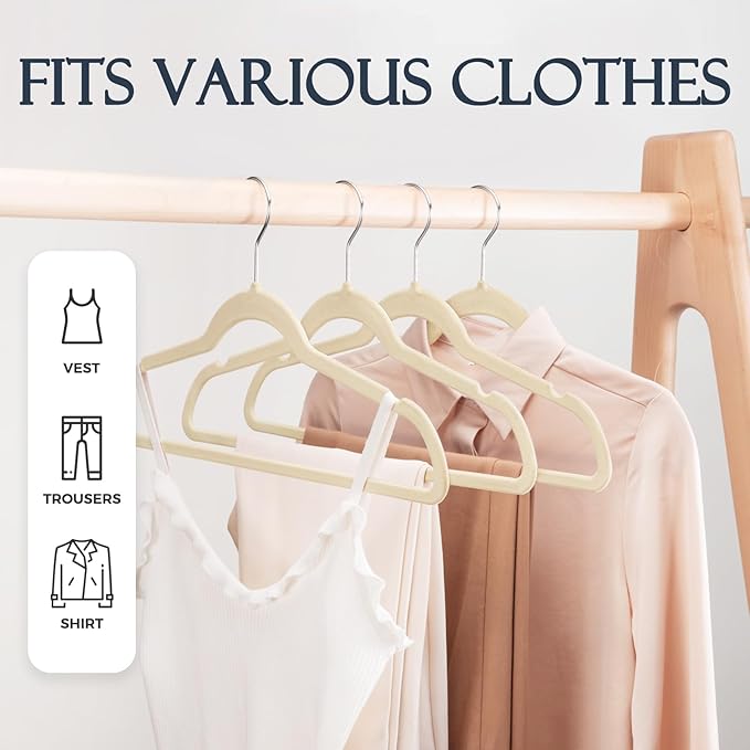 HOUSE DAY Beige Velvet Hangers 20 Pack, Non Slip Clothes Felt Hanger Heavy Duty for Coat, Premium Slim Space Saving Suit Hangers for Closet Organizer, 360° Rotating Silver Hook