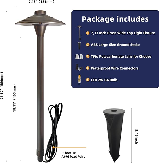 Solid Cast Brass Pathway Lights, 4 Pack 12V Low Voltage Landscape Lighting LED Path Lights with G4 Bulb for Outdoor Walkway, Garden, 23" Tall, 7.5" Shade