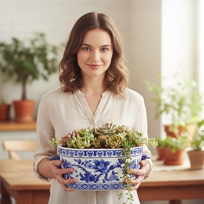 Blue and White Ceramic Planter Pot – Vintage Floral Oval Cachepot Vase for Indoor Plants, Flowers & Succulents – Glazed Chinese Porcelain Style Decorative Bowl –10.6" Size – No Drainage