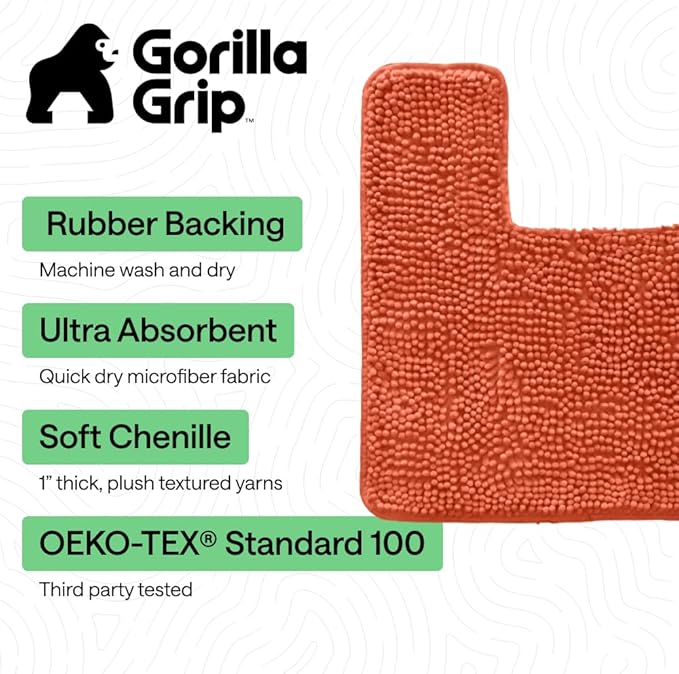GORILLA GRIP Plush Absorbent Shaggy Chenille Bath Rug Mat for Square Toilet Base with Rubber Backing, Machine Washable Rugs, Soft Microfiber Contour Mats for Toilets, Bathroom Decor, Coral
