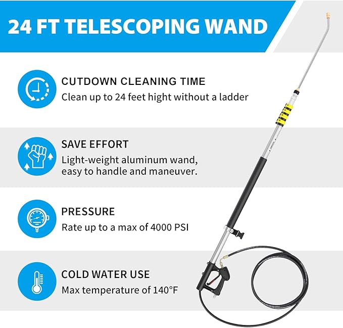 24 FT Telescoping Pressure Washer Wand Extension, Hot Water Supported Power Washer Extension Wand with Brush Head, 5 Nozzle Tips, 2 Adapters, Harness, Gutter Cleaning Tools from The Ground