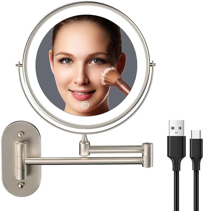 5000mAh Rechargeable Wall Mounted Lighted Makeup Vanity Mirror, Double Sided 1X