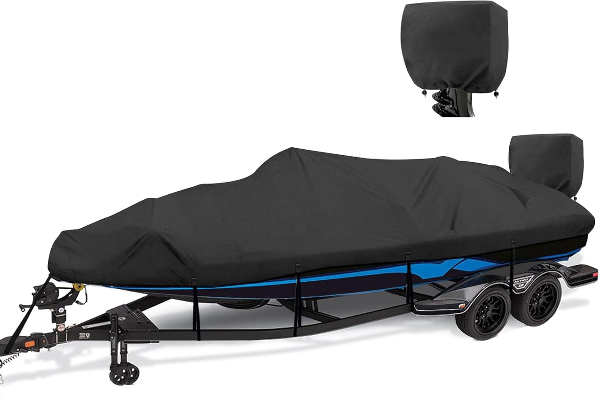 1200D Waterproof Boat Cover - Heavy-Duty Protection for 14' to 16' Bass, V-Hull & Tri-Hull Boats - Black
