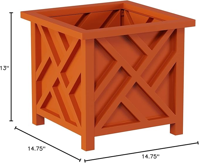 Lattice Design Outdoor Planter Box - 14.75” Square 13” Tall Terracotta Plant Pot - Decorative Plant Pots for Front Porch Decor - Flower Pots Outdoor Planters for Porch Patio or Garden by Pure Garden