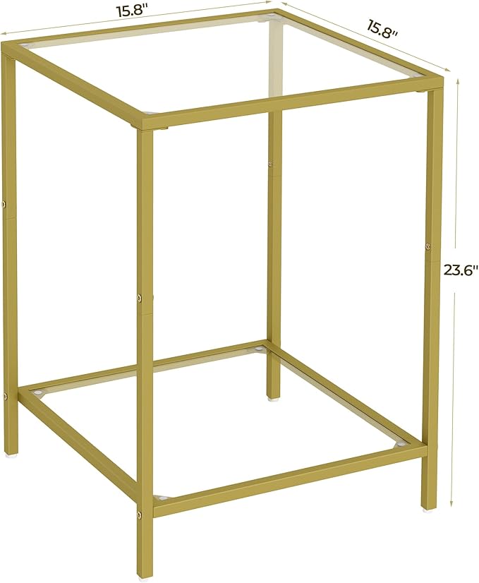 Side Tables Set of 2, End Table with Tempered Glass, 2-Tier Nightstands with Storage Shelves, Coffee Table with Modern Style, Square Sofa Table for Living Room, Bedroom, 15.7"D x 15.7"W, Gold