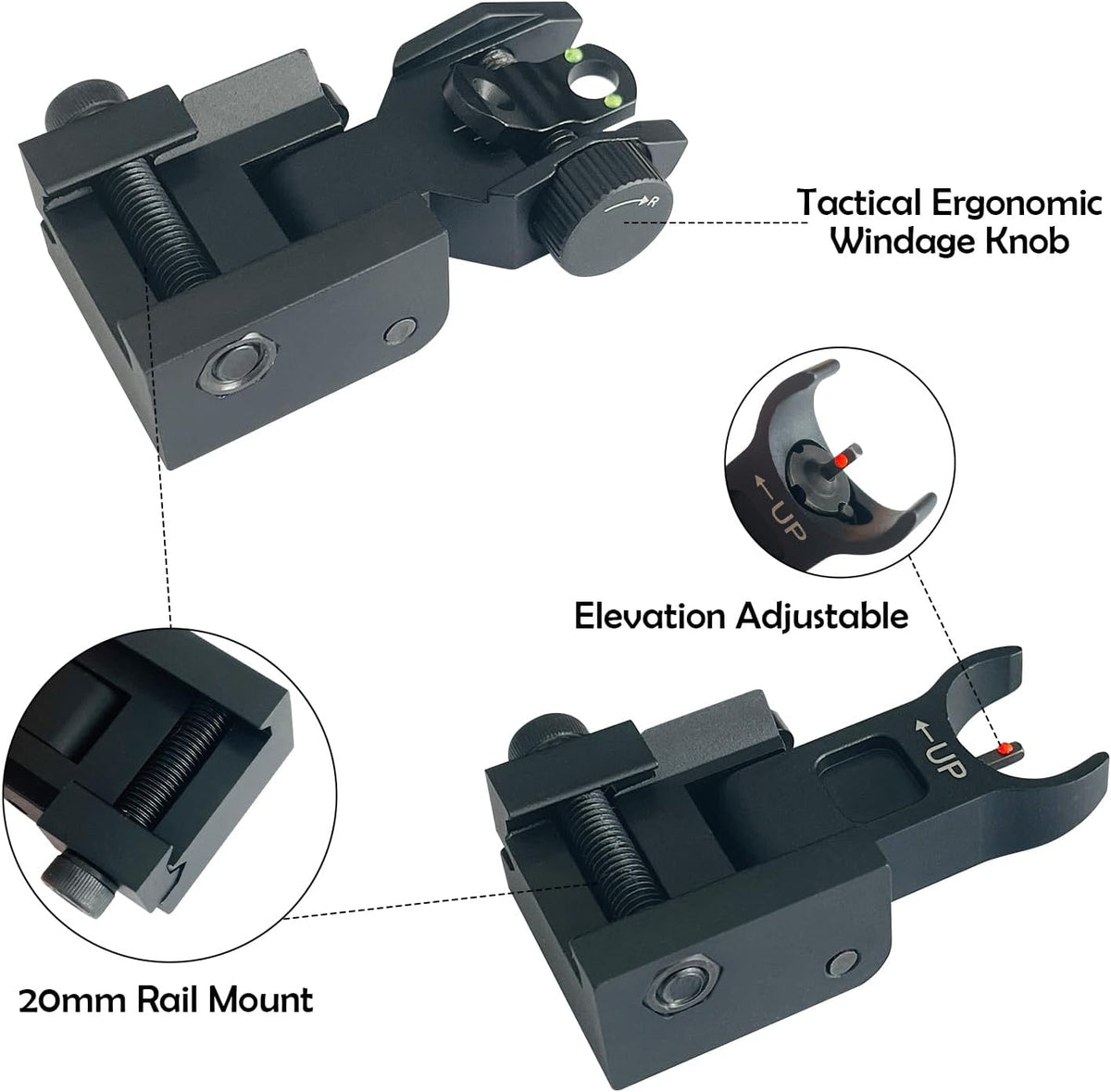 Skiennix Flip Up Front & Rear Iron Sights - Fiber Optic Backup Sights with Green & Red Dots