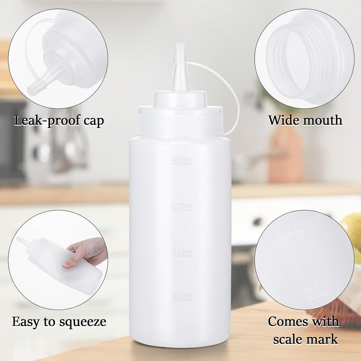 Condiment Squeeze Bottles Ketchup Dispenser, 4 Pack 16oz Squeeze Bottles for Liquids, Plastic Sauce Bottle with Cap Lid, Squirt Bottles for Sauces Liquids BBQ Dressing Pancake Art