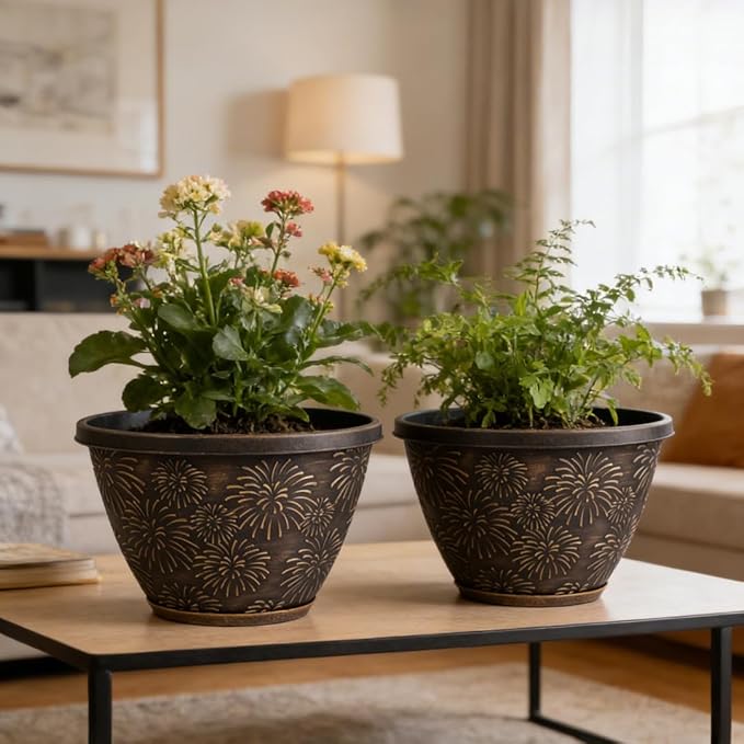 Nooulap 6 Pack 8 inch Plant Pots, Retro Firework Embossed Flower Pots with Drainage Holes and Saucer, Durable Plastic Plant Pots for Indoor Outdoor Gardening and Home Decoration