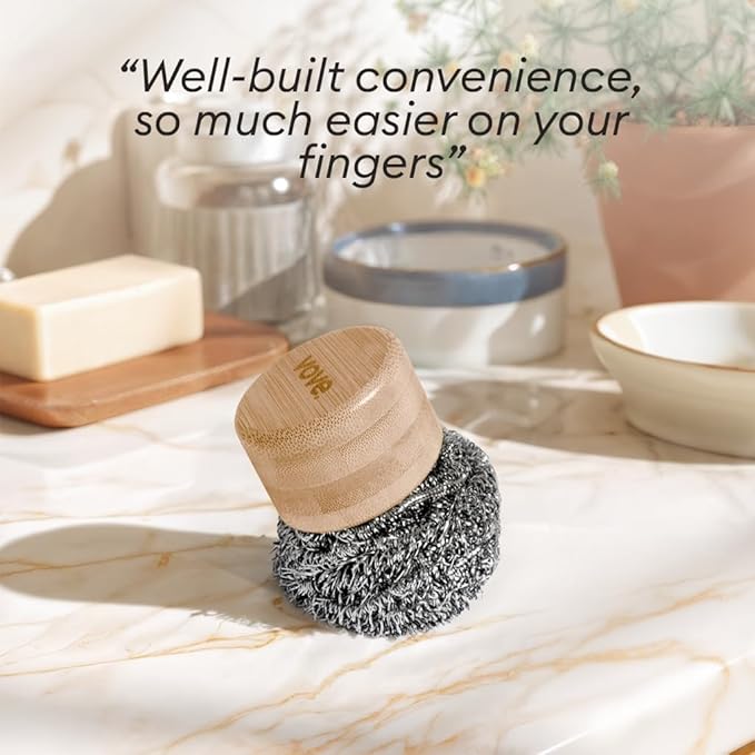 Vove Premium Magnetic Scrubber with Bamboo Handle - Steel Wool Scourer for Pots, Pans & Bottles - Heavy Duty Kitchen Cleaner with 3 Recyclable Steel Pads - Stainless Steel Scrubber Set