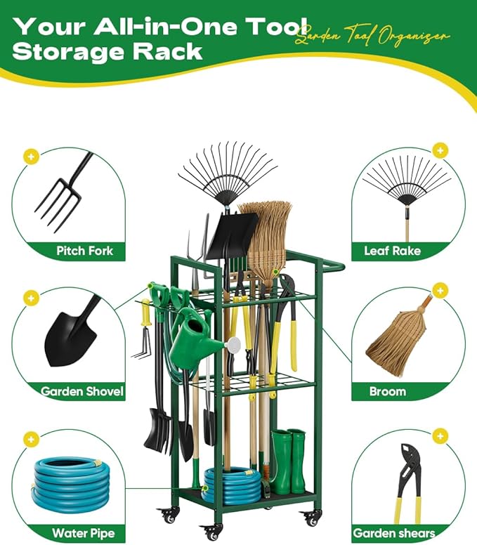 Garden Tool Organizer with Wheels, Heavy Duty 3 Tier Metal Yard Tool Storage Rack Holder with Side Hooks, Freestanding Garage Organizer for Shovels, Rakes, Brooms, Indoor Outdoor Use, Green