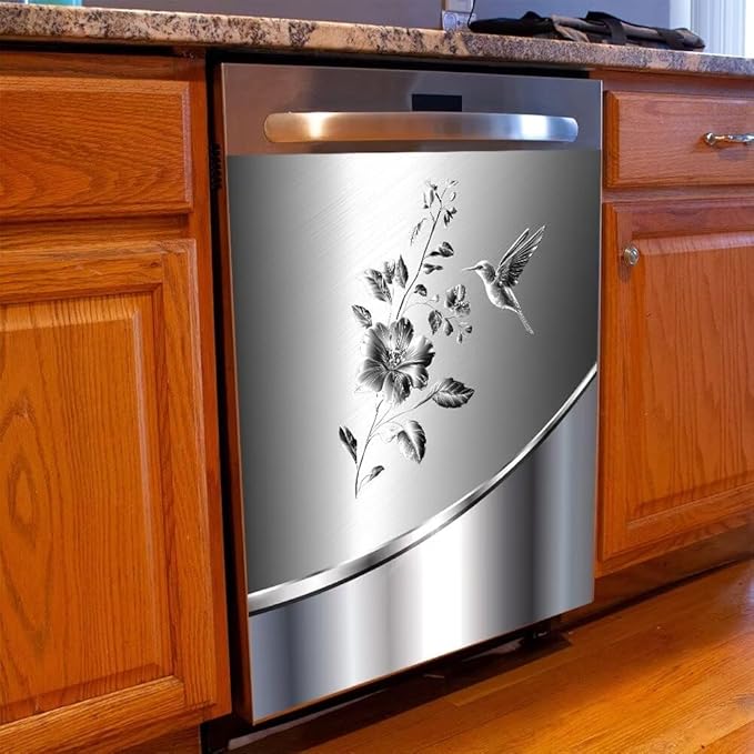 Stainless Steel Design Bird and Flower Pattern Magnetic Dishwasher Sticker Kitchen Refrigerator Magnetic Cover Decal Reusable Fridge Panel Decal Decor,23W x 26H inchse