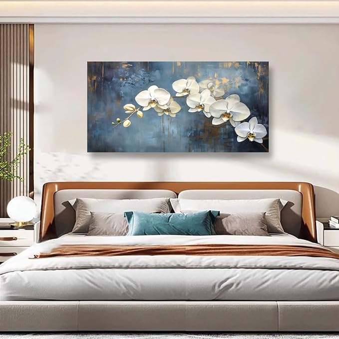 Abstract White Butterfly Orchid Canvas Wall Art for Living room Office Bedroom Flowers Wall Art Print Oil Paintings Modern Blue Gold Rain Mist Pictures Wall Decor Artwork Ready to Hang - 70in * 35inch