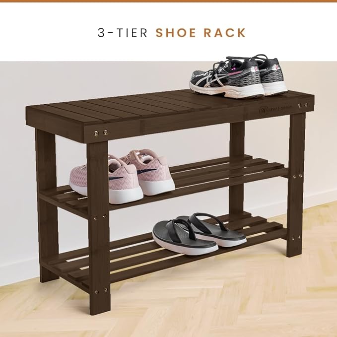 Leaf & Grain Bamboo Shoe Rack - Shoe Storage Bench for Front Door Entrance – Entryway Bench with Shoe Shelf, Shoe Storage Organizer, Wooden Shoe Rack, Durable Shoe Bench for Home (Walnut)