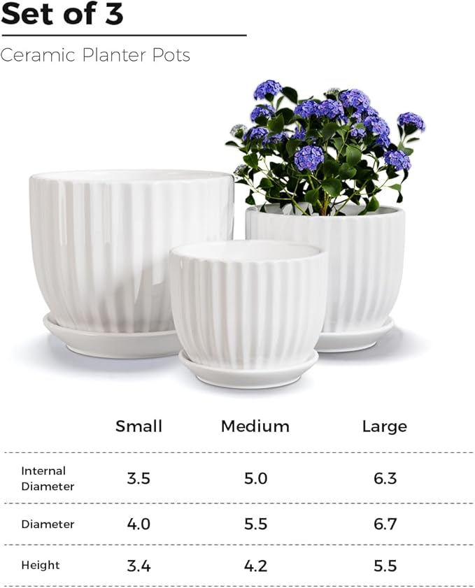 Ton Sin White Plant Pots Set of 3,Indoor Ceramic Flower Pot with Saucers,6.7"&5.5"&3.9" Inch Small to Medium Sized Planters for Plants,Round Modern Garden Pots