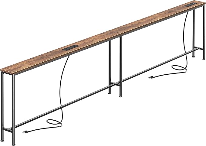SUPERJARE 118.1 Inch Sofa Table with 2 Power Outlets and USB-C Port, 5.9 Inch Narrow Console Table with Storage, Extra-Long, for Entryway Hallway Couch Behind Sofa, Small Spaces, Rustic Brown
