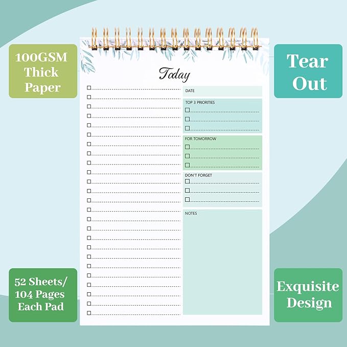 2 Packs To Do List Notepad, 104 Pages To Do List Notebook A5 Undated Daily Planner Notepad with Task Checklist Home Office School Supplies