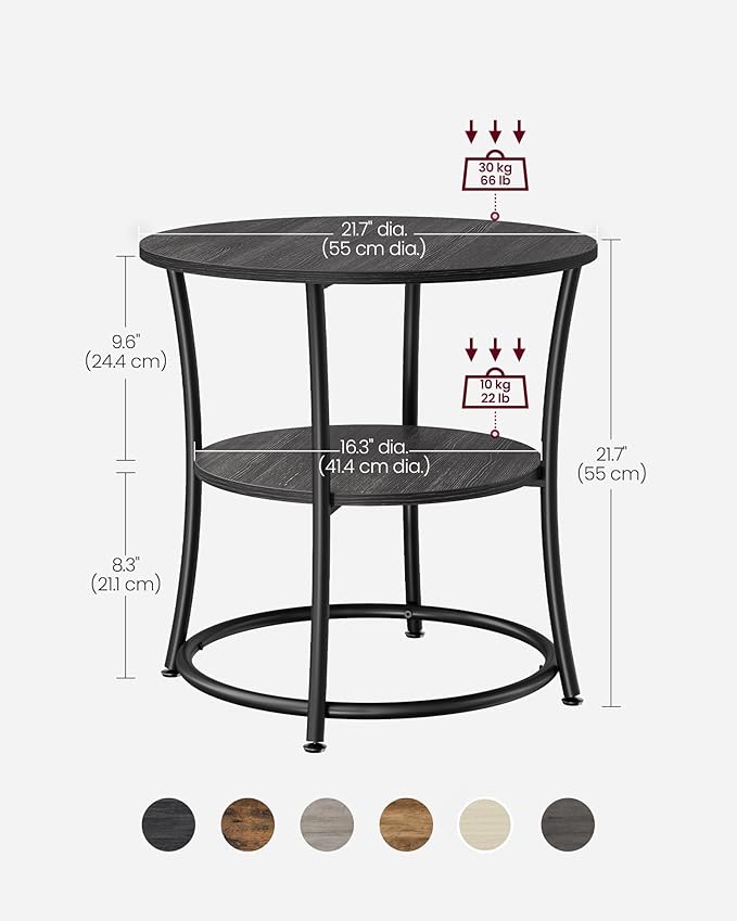 VASAGLE 21.7-Inch Round Side Table, 2-Tier End Table, Nightstand with Steel Frame, Spacious Top, for Small Spaces, Living Room, Bedroom, Charcoal Gray and Ink Black ULET056B22