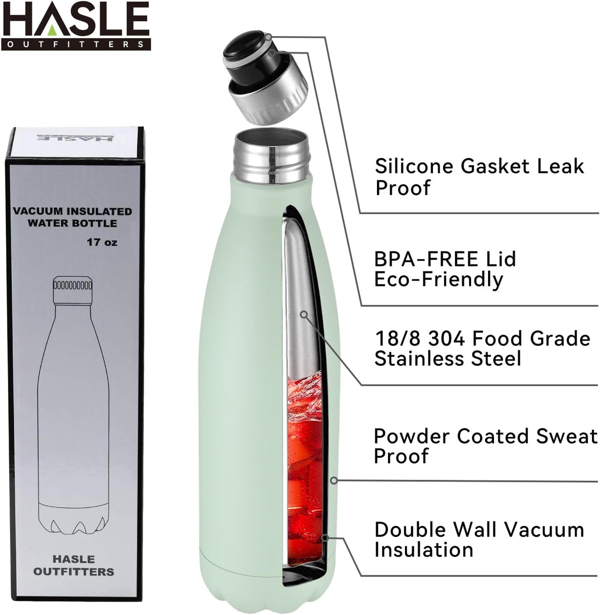 HASLE OUTFITTERS 17oz Stainless Steel Water Bottles, Vacuum Insulated Water Bottles Double Walled Reusable Metal Sports Water Bottles Keep Drinks Hot and Cold, Light Green, 1Pack