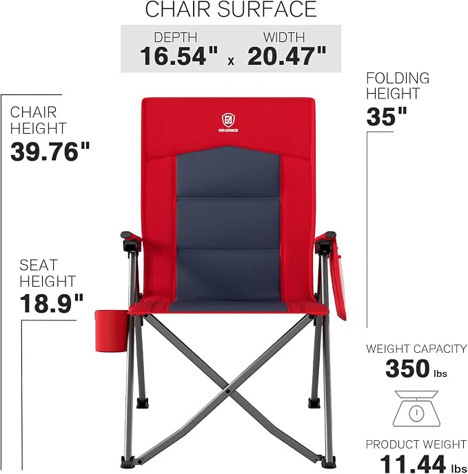 EVER ADVANCED Reclining Camping Chairs for Adult Lightweight, Folding Recliner Chair with Adjustable Back, 4-Level Lounge Chairs, Portable Lawn Chairs for Patio Balcony, Supports 350lbs Red
