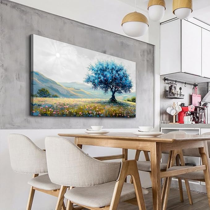 FUHAIHUA Large Wall Decor For Living Room Canvas Wall Art For Office Modern Wall Decorations For Bedroom Pastoral Landscape Painting Blue Tree Pictures Artwork Room Aesthetic Home Decor 24x48 In