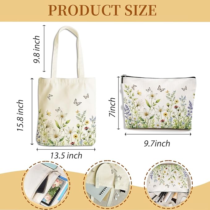 Flower Plant Lover Gifts for Women Canvas Tote Bag with Makeup Bag Cosmetic Bags Grocery Bags for Shopping Christmas