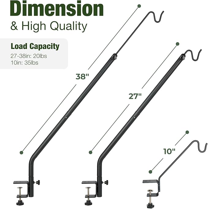 Kingsyard 2 Pack Middium Heavy Duty Deck Hook - 10 inch Metal Deck Railing Hooks for Hanging Bird Feeders, Planters, Suet Baskets, Lanterns, Wind Chimes
