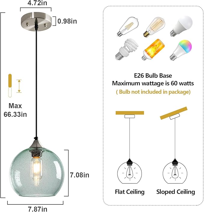 Light Green Glass Pendant Lights Kitchen Island Lighting Globe Pendant Light Fixtures Modern Pendant Lighting for Bedroom Living Dining Room Light Fixture (7.87 in, 2 Pack)