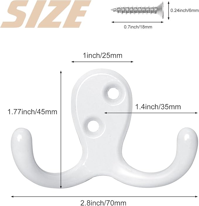 Homanu 24 Pack Coat Hooks, Heavy Duty Double Prong Coat Hooks Wall Mounted