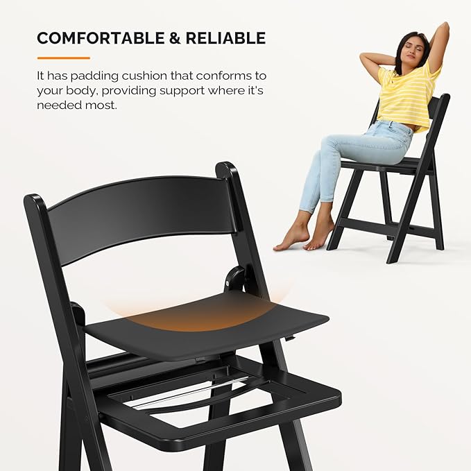 VINGLI Resin Folding Chairs with Cushion, Foldable Plastic Chair with Comfortable Padded Seats, Perfect for Event Party Indoor Outdoor, Black, 1 PC