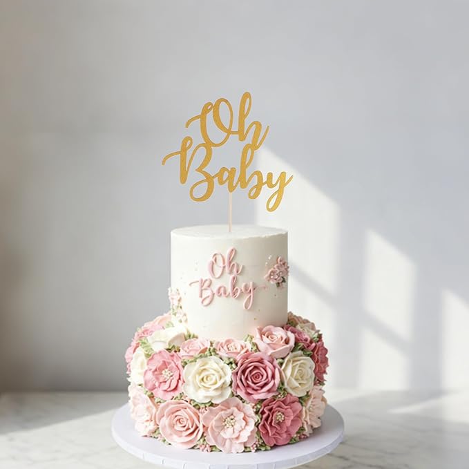Gold Oh Baby Cake Topper - Golden Glitter Baby Shower Cake Topper, Gender Reveal Celebration Party Cake Decoration (Gold Oh Baby Cake Topper)