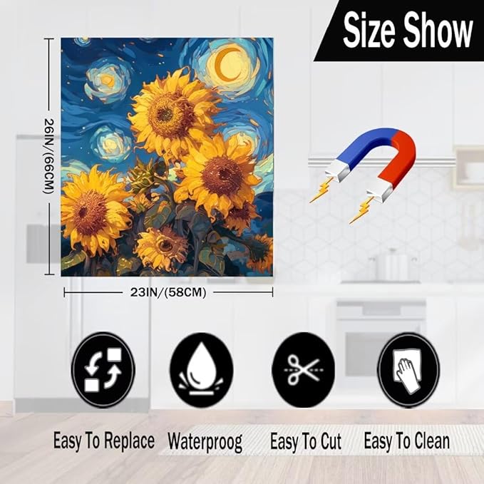 Farmhouse Sunflower Dishwasher Magnetic Covers for The Front, Starry Night Style Flowers Magnetic Dishwasher Sticker, Sunflower Painting Fridge Magnetic Skins Cover - 23" W x 26" H Magnetic