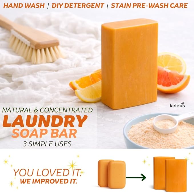 KELEBS Laundry Soap Bar - Natural Citrus Formula with Organic Ingredients - Stain Remover for Delicate Clothes, Underwear, Collar - 5 Bars | Aluminum Packaging